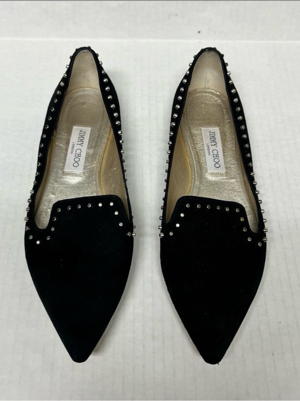 Jimmy Choo Black Suede Studded Pointed Toe Flats 41.5 designer loafers